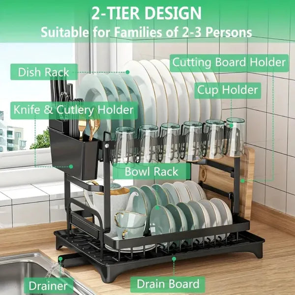 2-Tier Dish Rack with Drainboard & Utensil Holder