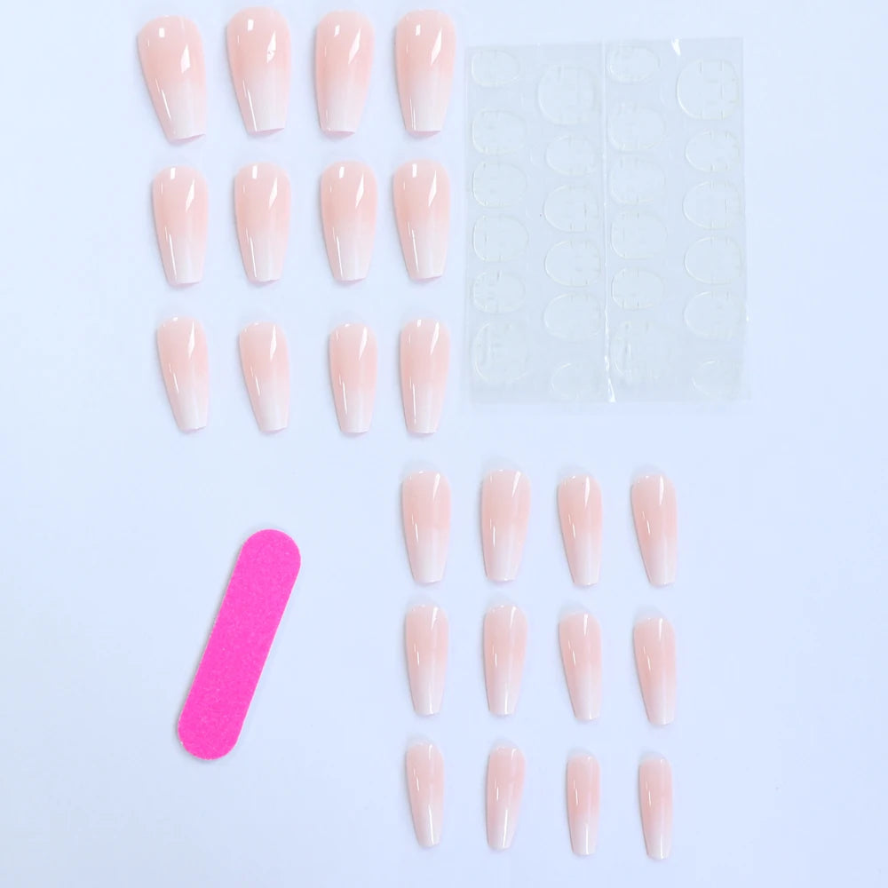 24PCS Long Coffin Pink Press On Nails Fake Press On Nails Gradation